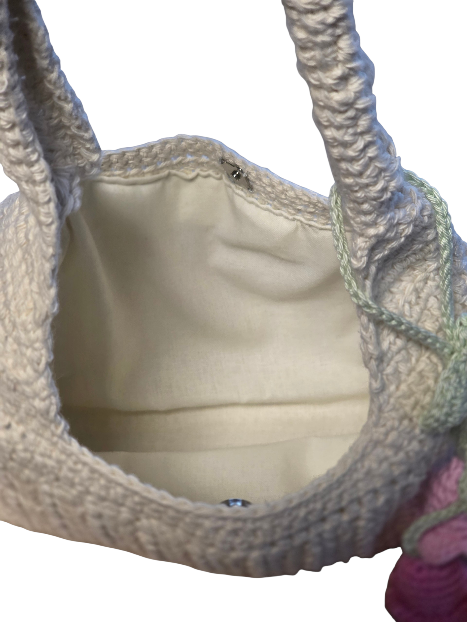 Handgehäkelte Schultertasche "Spring Blossom" – Baumwolle mit Innenfutter