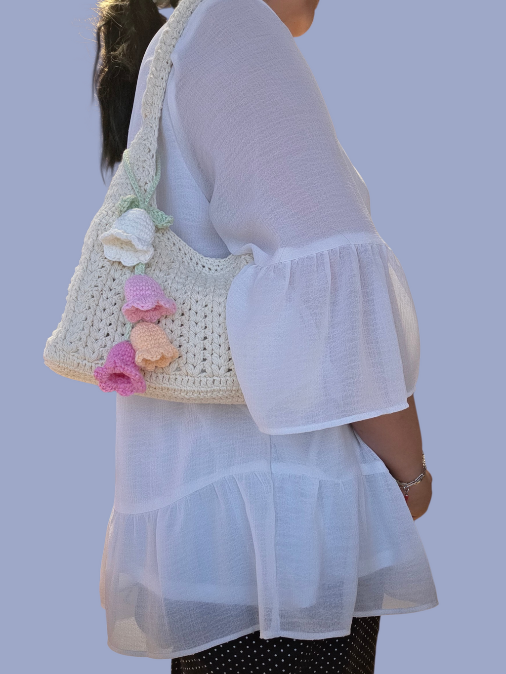 Handgehäkelte Schultertasche "Spring Blossom" – Baumwolle mit Innenfutter